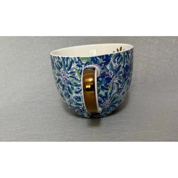 Lilly Pulitzer Other - Lilly Pulitzer Hidden Cat Coffee Mug W/ Gold Trim And Blue Floral Pattern 12oz
